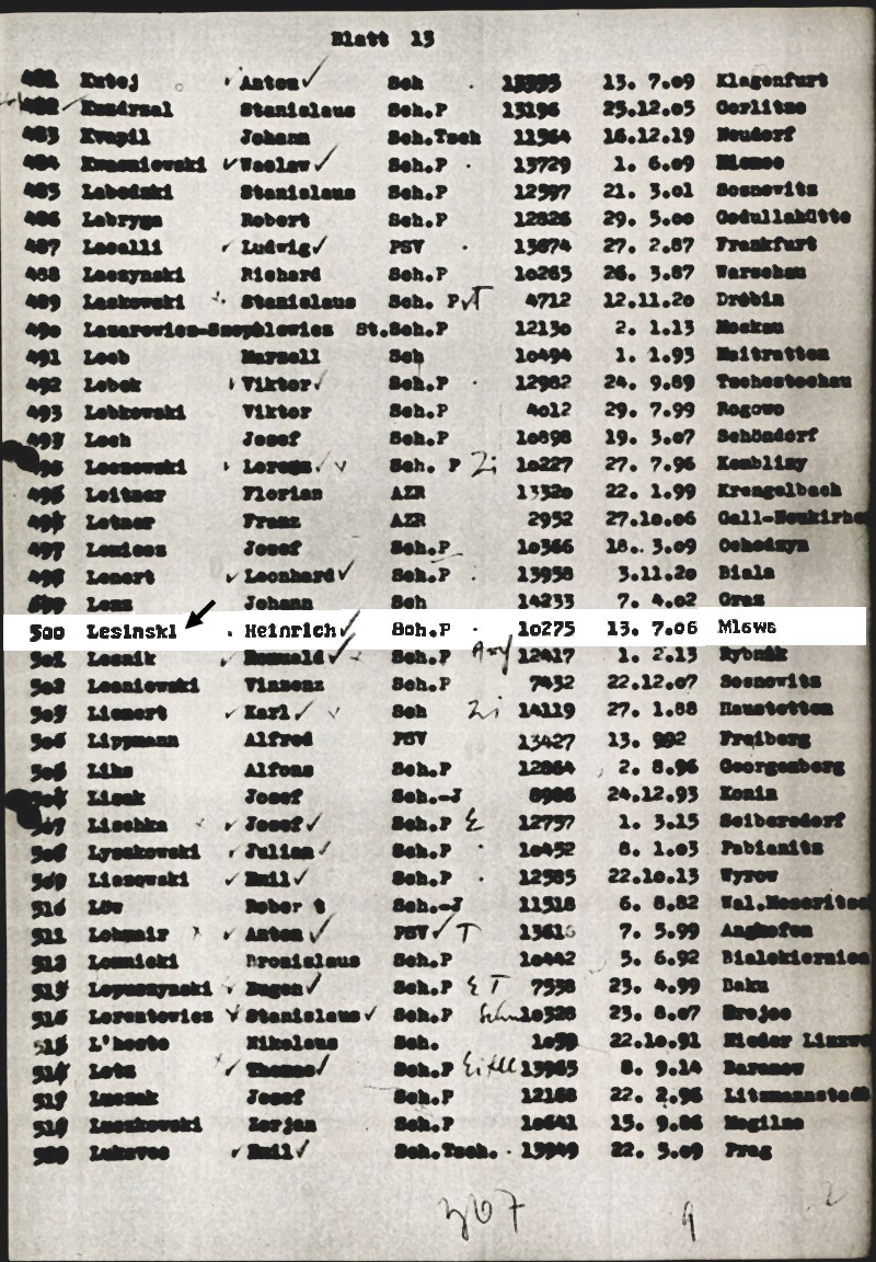 Alfabetyczna lista więźniów przybyłych transportem nr VI do KL Dachau w dniu 10 maja 1940 r. Pozycja 500 na str. 13 to Henryk Lesiński.