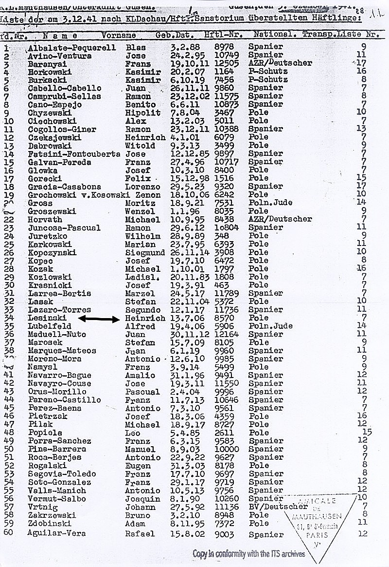 Alfabetyczny wykaz więźniów wysłanych dnia 3 grudnia 1941 r. do &ldquo;SchützHäftlingsSanatorium Dachau&rdquo; (tzn. do Ośodka Eutanazji w zamku Hartheim). Pozycja 34 to Henryk Lesiński.